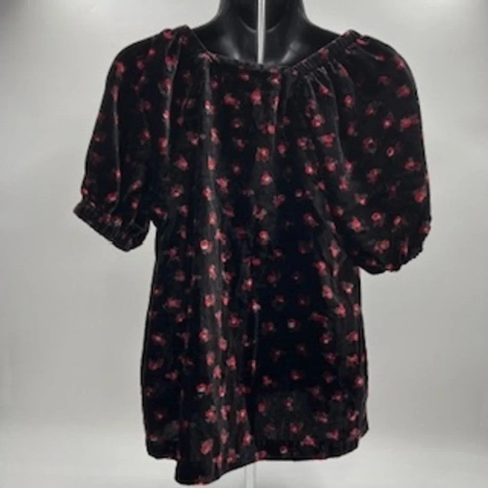 LOFT Womens Black Red Floral Velvet Sweetheart Puff Sleeve Blouse Top Small‎